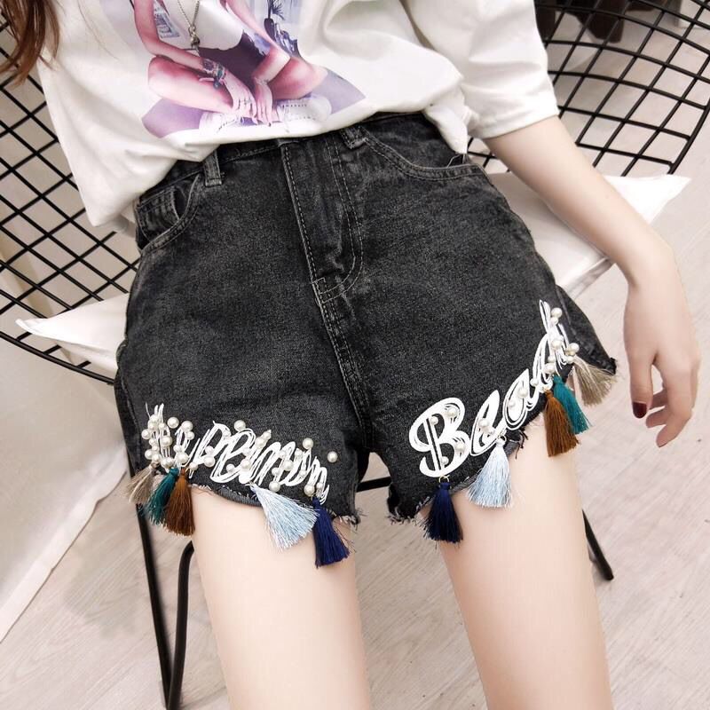 Embroidered denim shorts women's summer 2019 new loose thin large size fat mm hole high waist a word wide leg hot pants