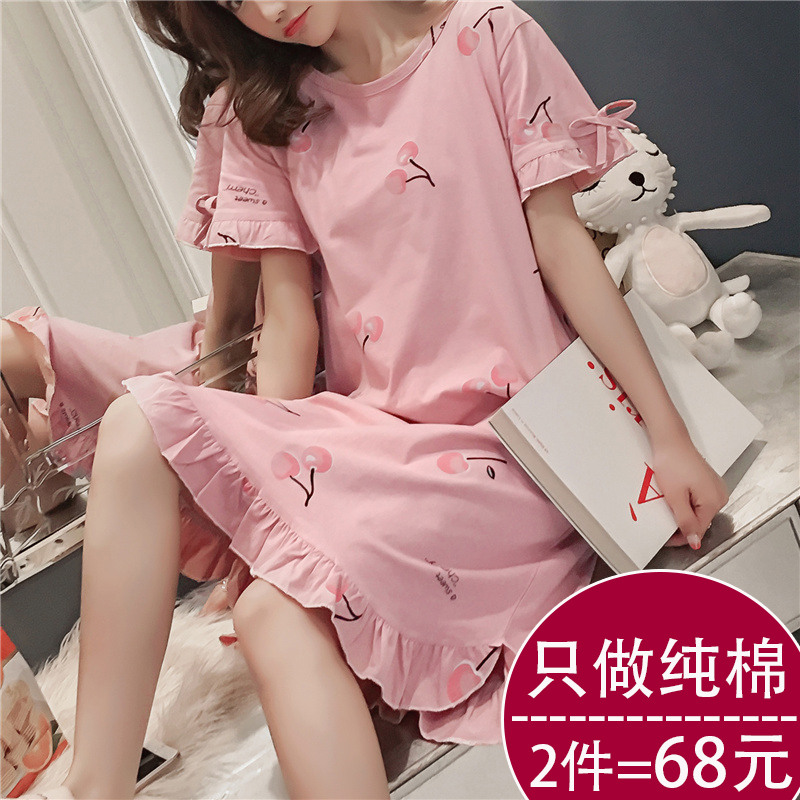 Sleepwear Woman Summer Sleeping Dress Sexy Loose Pure Cotton Korean Version Fresh Student Short Sleeve Cute Pregnant Woman Summer Thin princess