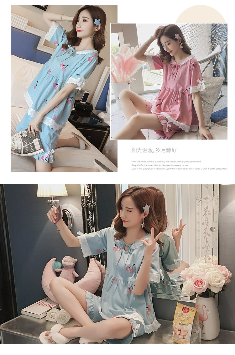 Bộ đồ ngủ mùa hè của phụ nữ phù hợp với áo hai dây ngắn tay phiên bản Hàn Quốc của cotton sinh viên tươi có thể được mặc bên ngoài kích thước lớn phục vụ nhà lỏng mùa thu những kiểu đồ bộ may đẹp