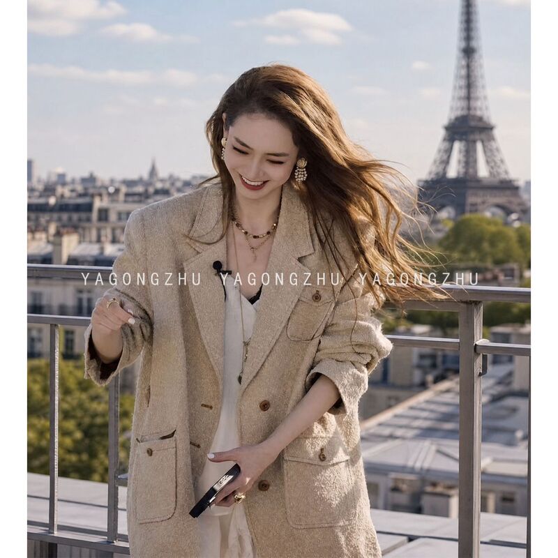 [Same Style as Qi Wei] Yagongzhu Mid-Length Blazer, Celebrity-Inspired Design, Niche Suit Jacket for Women