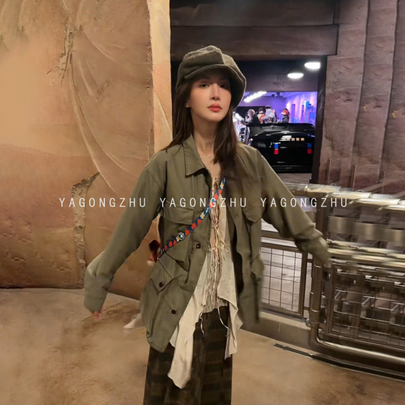 【Jin Chen's Style】Yagongzhu Women's Workwear Jacket, Mid-Length American Barn Style Multi-Pocket Jacket for Spring