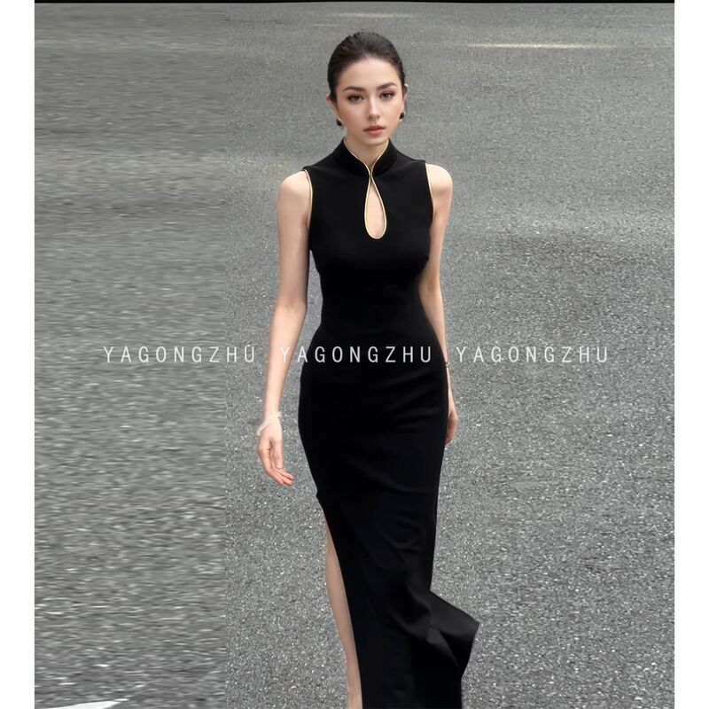 Yagongzhu Cheongsam Dress, High-End New Chinese Style Improved Black Sleeveless Vest Dress, Hip-Hugging Long Skirt Yagongzhu Cheongsam Dress, High-End New Chinese Style Improved Black Sleeveless Vest Dress, Hip-Hugging Long Skirt
