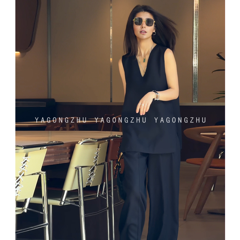 Yagongzhu Black Suit with a High-End Feel, Petite Old-Money Style, Loose Sleeveless Vest Top for Women, Wide-Leg Pants