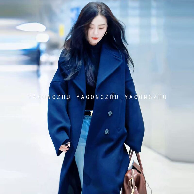[Same Style as Liu Shishi] Yagongzhu100 Pure Wool High-End Navy Blue Coat, Elegant Woolen Jacket