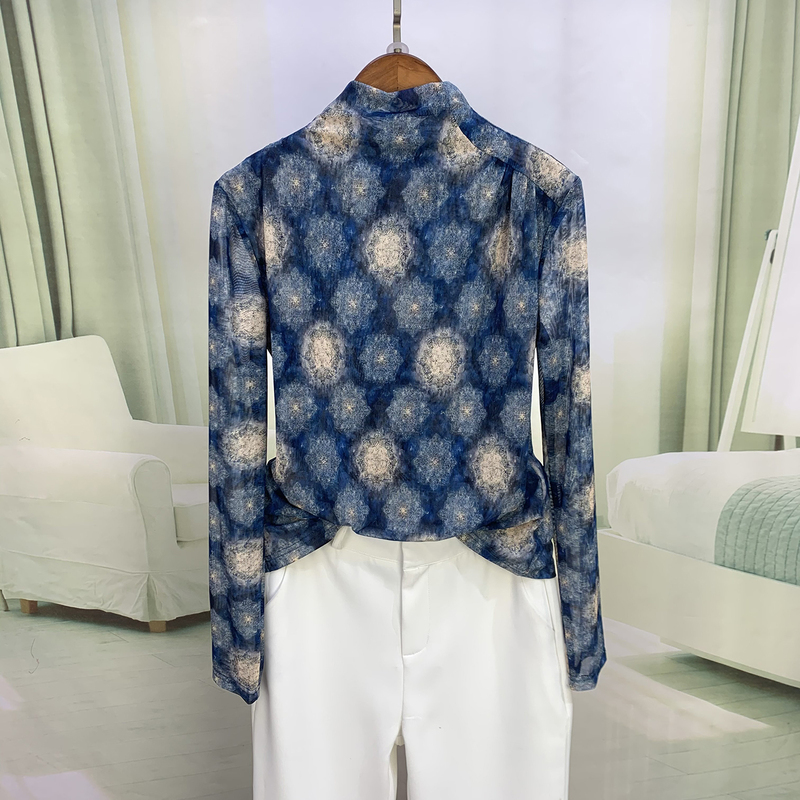 Retro-Style Printed Mesh T-Shirt for Women, Long-Sleeved, Slim-Fitting, Fashionable Half-High Collar Top, Inner Layering Shirt Retro-Style Printed Mesh T-Shirt for Women, Long-Sleeved, Slim-Fitting, Fashionable Half-High Collar Top, Inner Layering Shirt