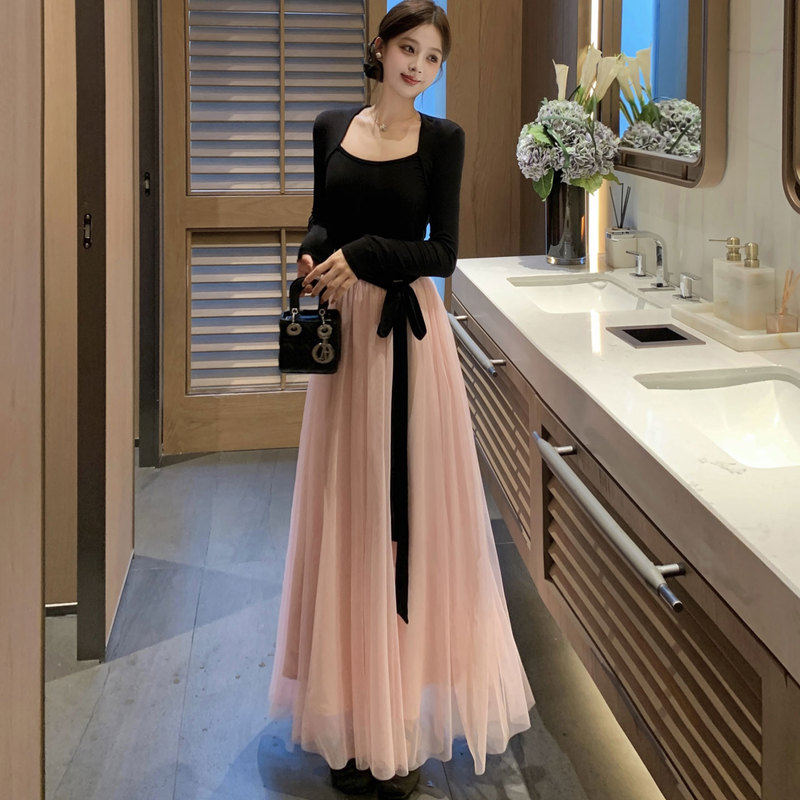 French-Style Elegant Patchwork Dress for Women, Spring and Autumn, Plus Size, Slimming Waist-Cinching Tie A-Line Long Dress