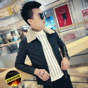 Mùa đông cộng với nhung ấm da nam mã nhỏ XS Số S mã phiên bản Hàn Quốc của cổ áo lông cừu mỏng Áo khoác PU đẹp trai