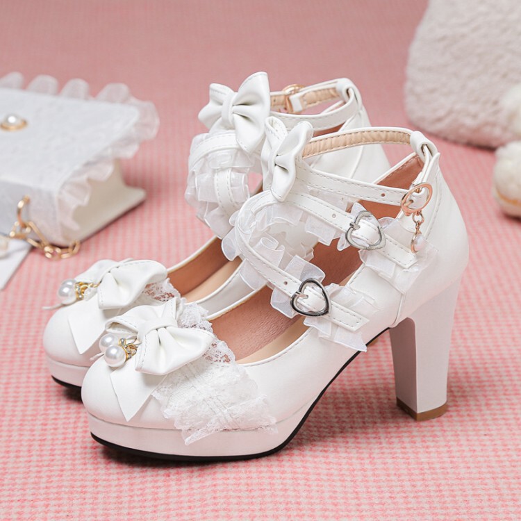 Lolita Ultra-High Heel Chunky Heel Lace Bow Beaded Cross Strap Single Shoes Original Spring and Autumn