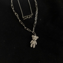 Personality ins retro trampoline cool girl Diamond Bear Bear pendant double layer 2 letter combination long necklace tide