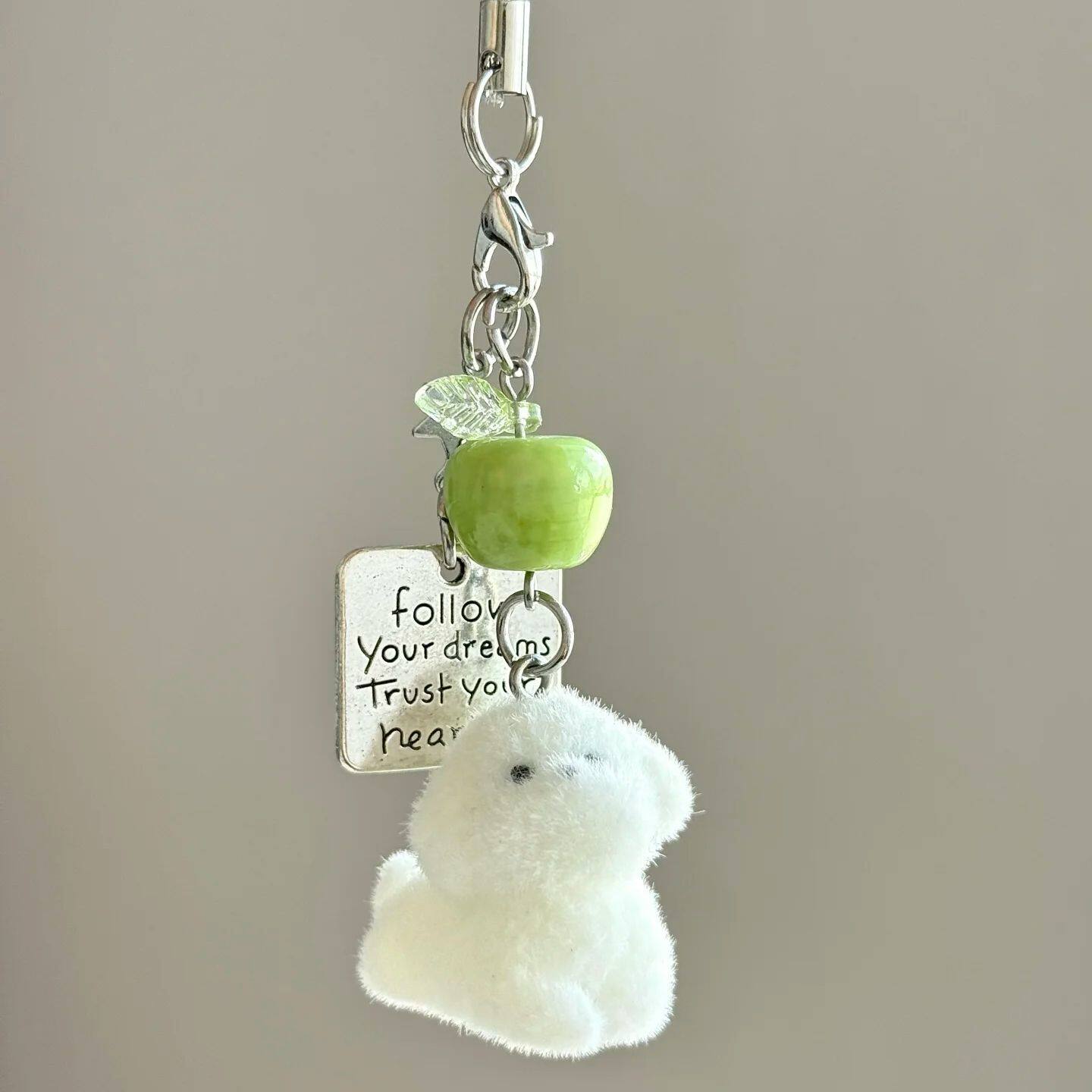 Green apple flocked puppy keychain, cool and translucent Apple phone chain, summer dopamine bag charm