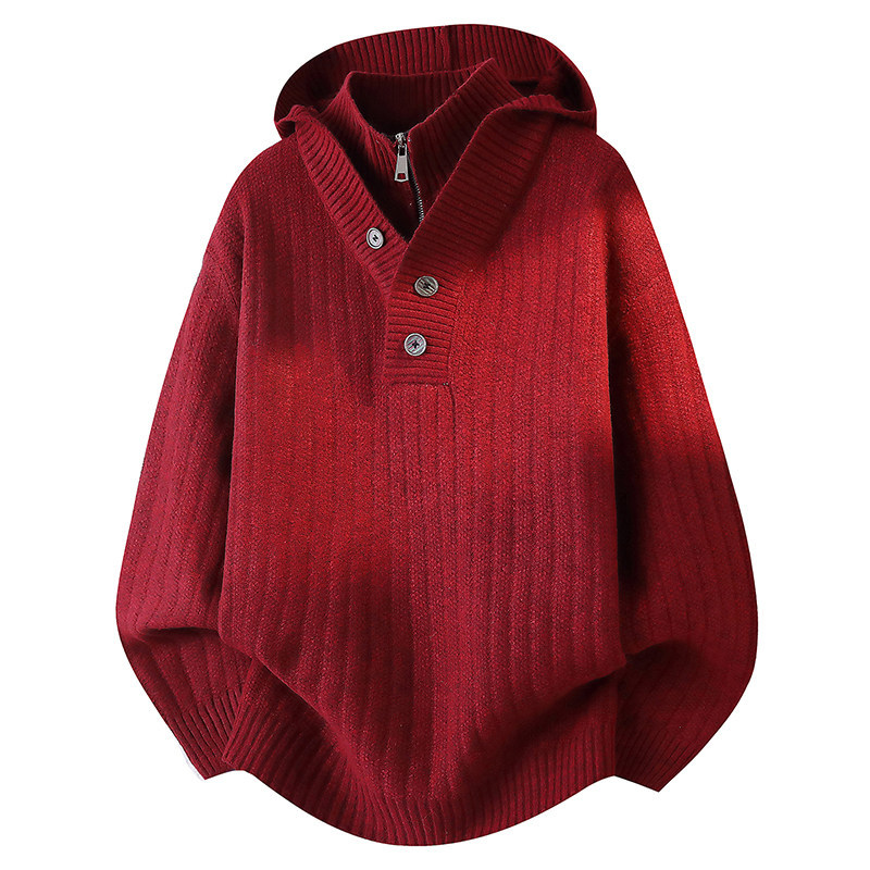 Fake Two-Piece Hooded Sweater for Men, Autumn and Winter Trendy American Style, Red Knit Top for the Year of Birth, Casual Half-Turtleneck Jacket