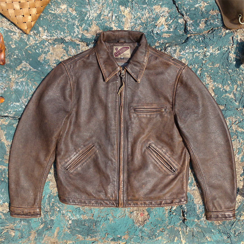 Detroit New Style! Brown Stone-Washed Vintage Leather Jacket for Men, American Amekaji Workwear Lapel Jacket Detroit New Style! Brown Stone-Washed Vintage Leather Jacket for Men, American Amekaji Workwear Lapel Jacket