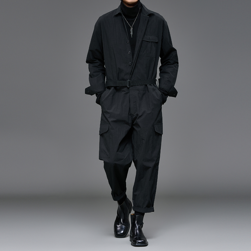 Quality Black Long-Sleeve Jumpsuit Workwear British Japanese Fashion Workwear Retro Lapel Jumpsuit One-Piece Suit