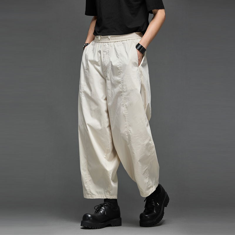 Yinzhi Tencel Cotton Split Lantern Pants Japanese Retro Simple Lazy Style Wide-Leg Cropped Pants for Men and Women