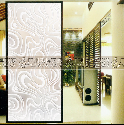 Art glass porch aisle background wall carving shoe cabinet living room partition wall engraving process Yulu flower blue screen