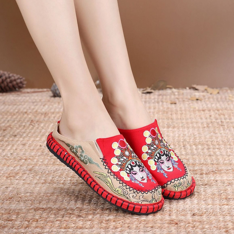 New Style Old Beijing Cloth Shoes for Women, Breathable Closed-Toe Ethnic Style Home Casual Slippers, Embroidered Low-Heeled Cloth Half Shoes