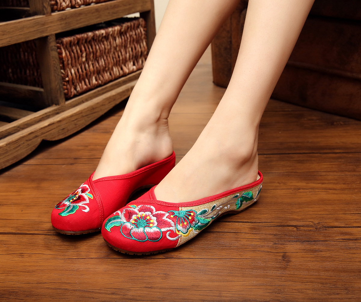 Giày vải Bắc Kinh cũ của phụ nữ dép và dép mùa hè gió quốc gia thêu giày dép Baotou cotton và vải lanh Hanfu Trung Quốc phong cách nhà dép cao gót nữ