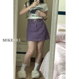 Сиреневая летняя джинсовая юбка, мини-юбка, высокая талия, большой размер, для формы тела «груша»