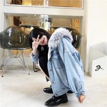 Denim jacket women loose Korean ins tide thickened velvet 2021 autumn and winter new bf lazy wind hooded wild