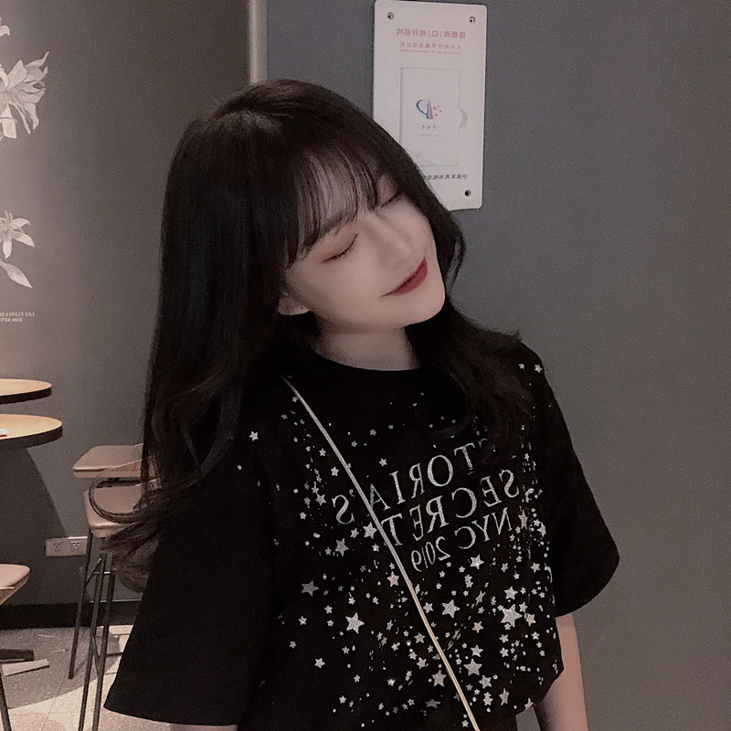 (Clearance) 2022 new summer ins tide Hong Kong style sequins net red black T-shirt women's cotton loose short-sleeved top