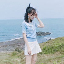 small fresh top 2021 summer new college navy wind light blue ice silk sweater short-sleeved t-shirt women