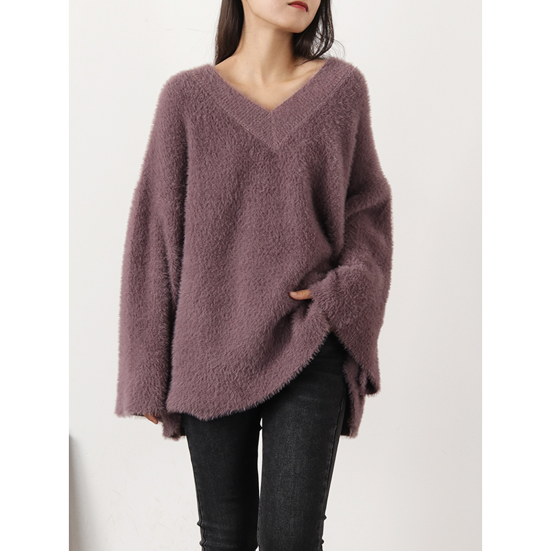 Oh, Ah Sumiga large size women's fat MM imitation mink wool solid color sweater medium and long version V collar slim wool knitted top