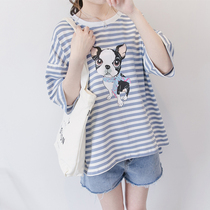 Postpartum breastfeeding short sleeves Summer thin Breast-feeding T-shirt Loose large code Striped Breast-feeding Blouse External Wearing of Milk Clothes