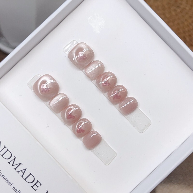 Children's High-End Nail Art, Simple Everyday Nude Pink Cat-Eye Fake Nails, High-Value Short-Style Wearable Nails for Kids