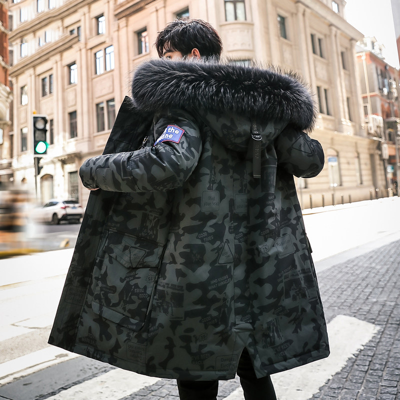 Trendy men's down clothes in the middle of the long version Fashion new winter tooling jacket male thickened camouflate to overcome
