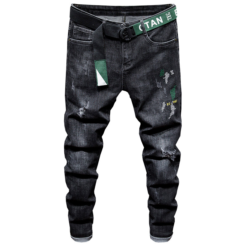 Fall Tide Card Breaking Hole Jeans Men's Body Smoke Tubes Pants Korean Version Trend 100 Hitch Printed Elastic Long Pants Man