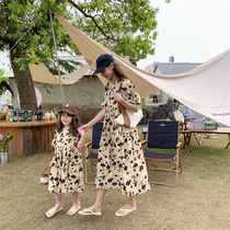 Broken Flowers Snowspun Tandem Dress Kinder Dress 2022 New Korean Version Summer Dress Nets Red Mother Womens Dress Mid-Dress Foreign Air
