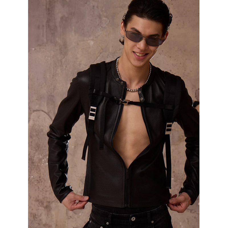 Laminating Process】2026 Autumn New Unisex Trendy Perforated Retro Fashion Leather Jacket Laminating Process】2026 Autumn New Unisex Trendy Perforated Retro Fashion Leather Jacket