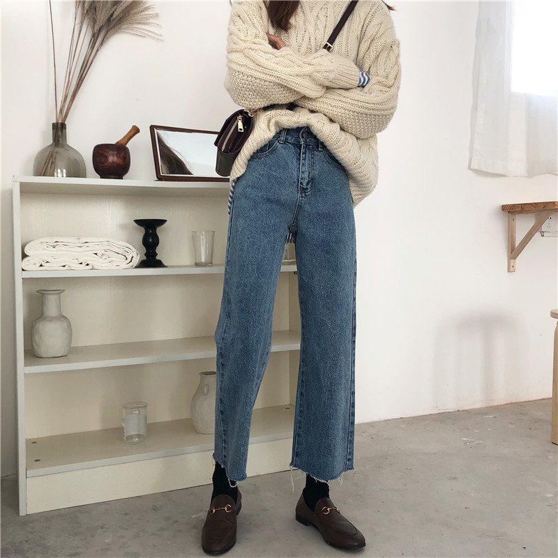 Straight jeans women's Hong Kong taste chic large size fat mm autumn and winter new Korean version wild student loose wide leg pants tide