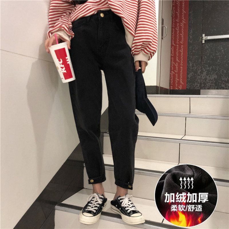 Plus velvet thick pants outer wear loose dad jeans women winter 2021 new large size fat mm Korean version is thin