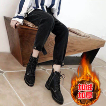 Velvet pants wear thickened jeans womens autumn and winter new large size fat mm high waist loose Korean wide leg pants
