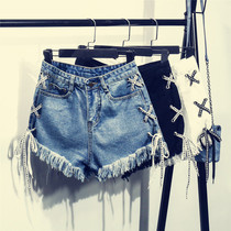 Strap high waist denim shorts womens summer new Korean version of large size fat mm loose thin wide legs A hot pants tide