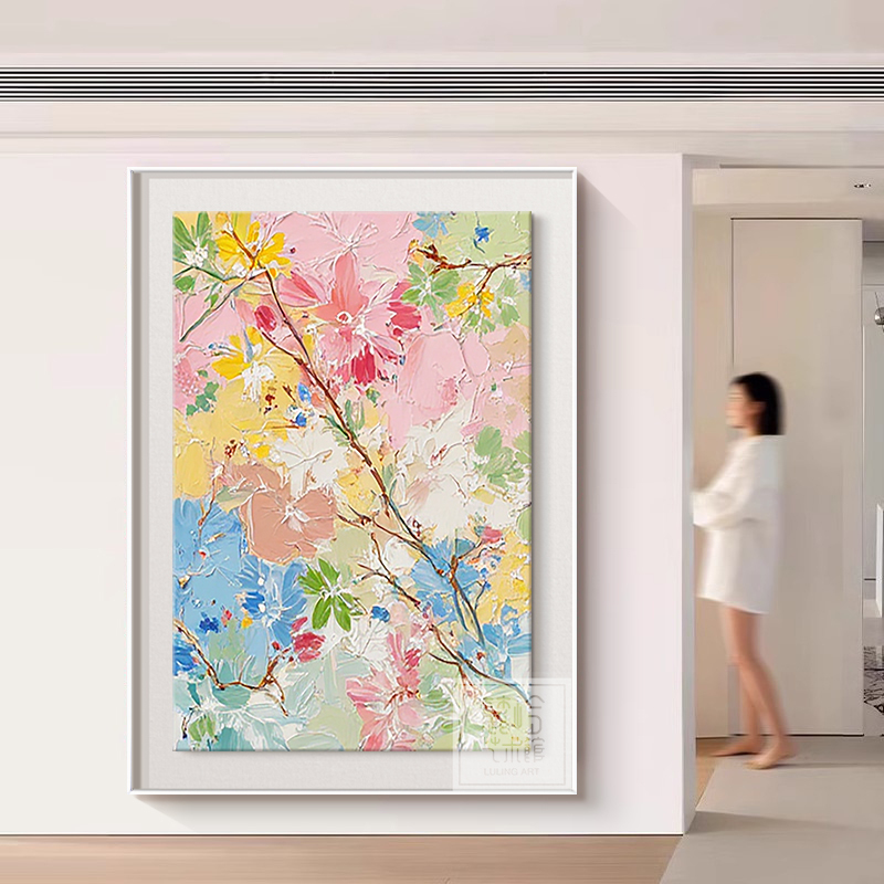 Entrance Corridor Decorative Painting, Hand-Painted Living Room Oil Painting, Background Wall, High-End Cream Style Abstract Plant Hanging Painting
