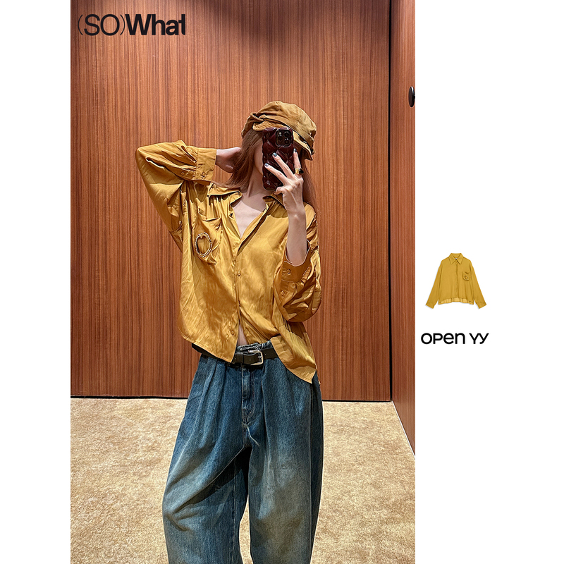 Sowhat Buyer's Store Open Yy Vintage Deconstructed Silk-Like Beaded Hole Pocket Loose Shirt Top Sowhat Buyer's Store Open Yy Vintage Deconstructed Silk-Like Beaded Hole Pocket Loose Shirt Top