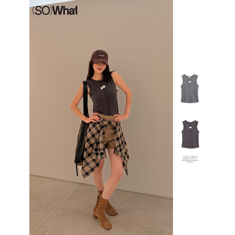Sowhat Buyer's Store Unmute Soft Texture Sleeveless Round Neck Distressed Label Slim Fit Tank Top