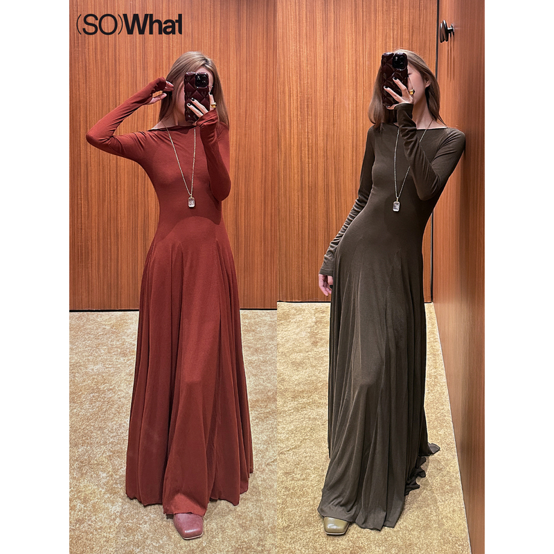 Sowhat Buyer Store Unchatgris Comfortable and Simple Long-Sleeved Knitted Waist-Cinching Dress with Large Skirt Hem Long Dress