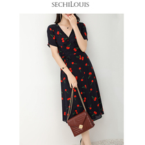 High end brand temperament cross V collar cherry print dress 2020 Summer new wrap silk dress