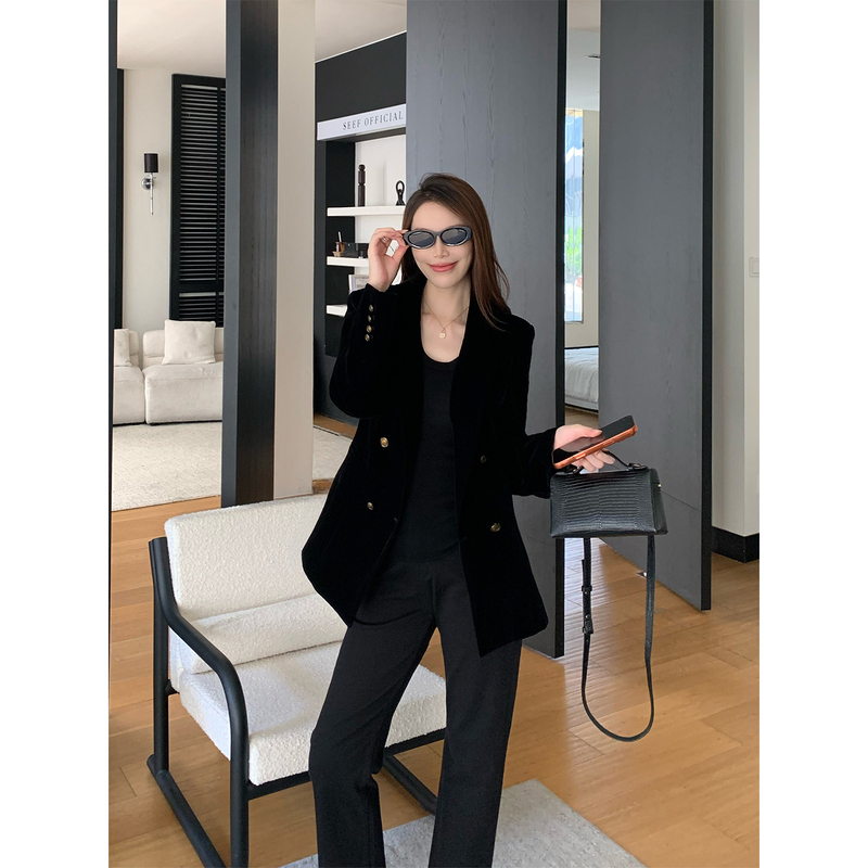 Dabai Dbai [Black Gold Smoking Suit] Black Notch Lapel Loose Velvet Blazer Women's Autumn Smoking Suit Jacket