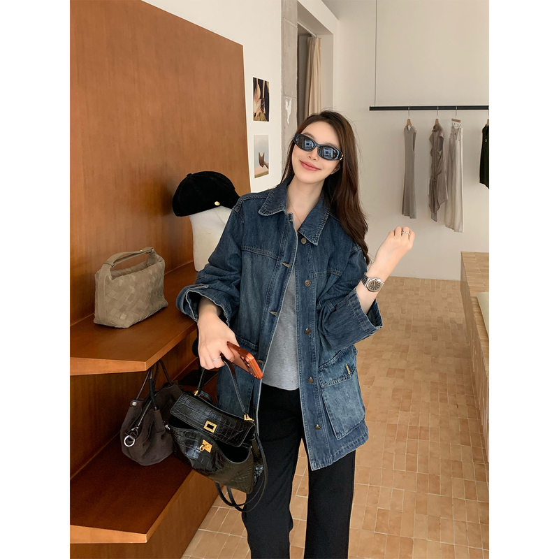 Dabai [Old Alley Denim] Vintage Simple Washed Distressed Denim Jacket for Women, Summer Versatile Top