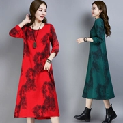 Mùa thu mới phong cách quốc gia kích thước lớn mực in cổ tròn cotton dài tay và váy lanh nữ retro vải lanh dài