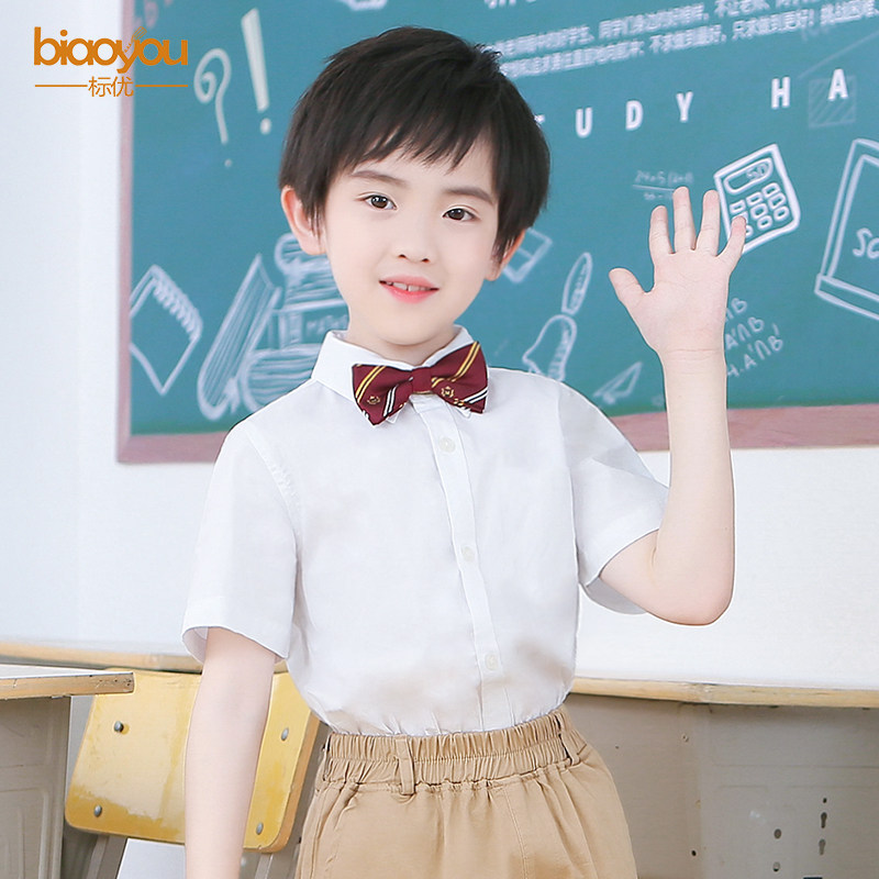 Boy white shirt short sleeve girl Xia thin CUHK Tong Performance Out of school Children's school uniforms Children pure cotton white shirt