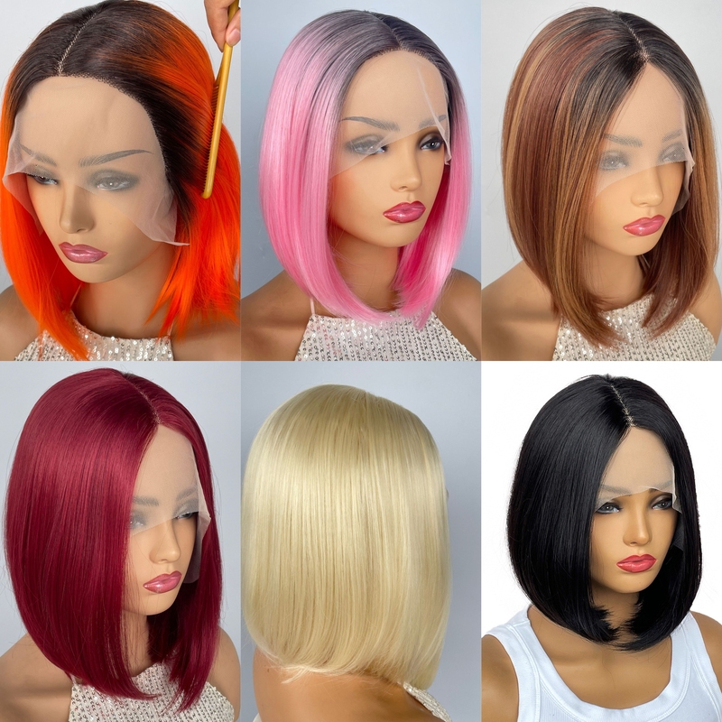 Brazilian T-Shaped Lace Front European and American Black Women's Bob Synthetic Wig Short Straight Hair Wig Cap