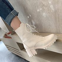 Thick high-heeled strap Martin boots womens summer thin thick-soled leather boots Womens booties Spring and autumn boots Beige womens boots