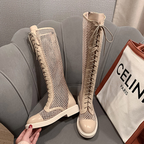 Mesh high barrel Martin boots Womens trendy thin breathable flat cool boots hollow mesh boots womens summer boots apricot
