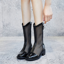 Net boots womens summer thick-heeled hollow boots womens 2021 new Martin boots sandals genuine leather beige medium boots low heel