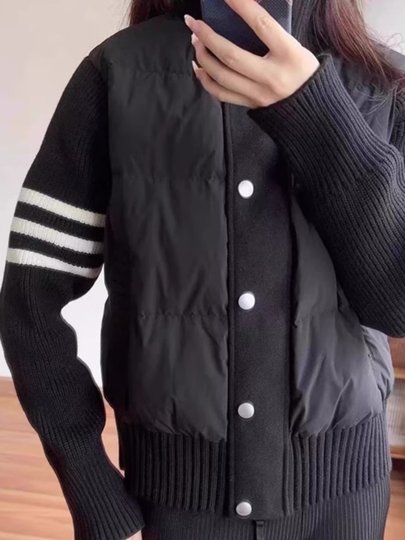 French Rouje Moaks Lightweight down Jacket for Women, Short Style, Patchwork Knit Sweater, Stand Collar Coat, Trendy Puffer Jacket